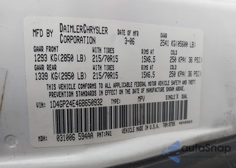 2006 Dodge Grand Caravan Se from USA, damaged, VIN 1D4GP24E46B650932